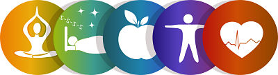 Five multicolored circles containing icons of a person doing yoga, someone sleeping, an apple, a person, and a heart with an EKG line through the middle