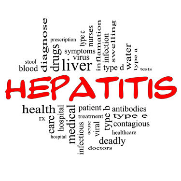 A word cloud consisting of words like liver, medical, diagnose, ect focused around the word Hepatitis in red text