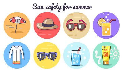 Icons for an umbrella, a hat, men\'s sunglasses, a glass of lemonade, a cover up, women's sunglasses, a glass of water, and sunscreen SPF 50 in eight separate circles under sun safety for summer in black text