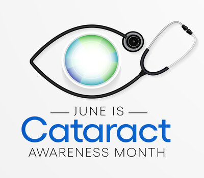 Picture of a graphic of a circle with outlined lines around the edge with color and a stethoscope around  it shaping it to look like an eye. Picture says: -JUNE IS- Cataract AWARENESS MONTH