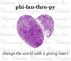 A purple heart made of two fingerprints at the center of the text 
phi-lan-thro-py 
change the world with a giving heart