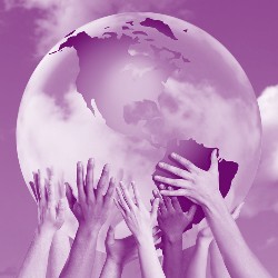 A purple picture of a group of hands holding up the Earth